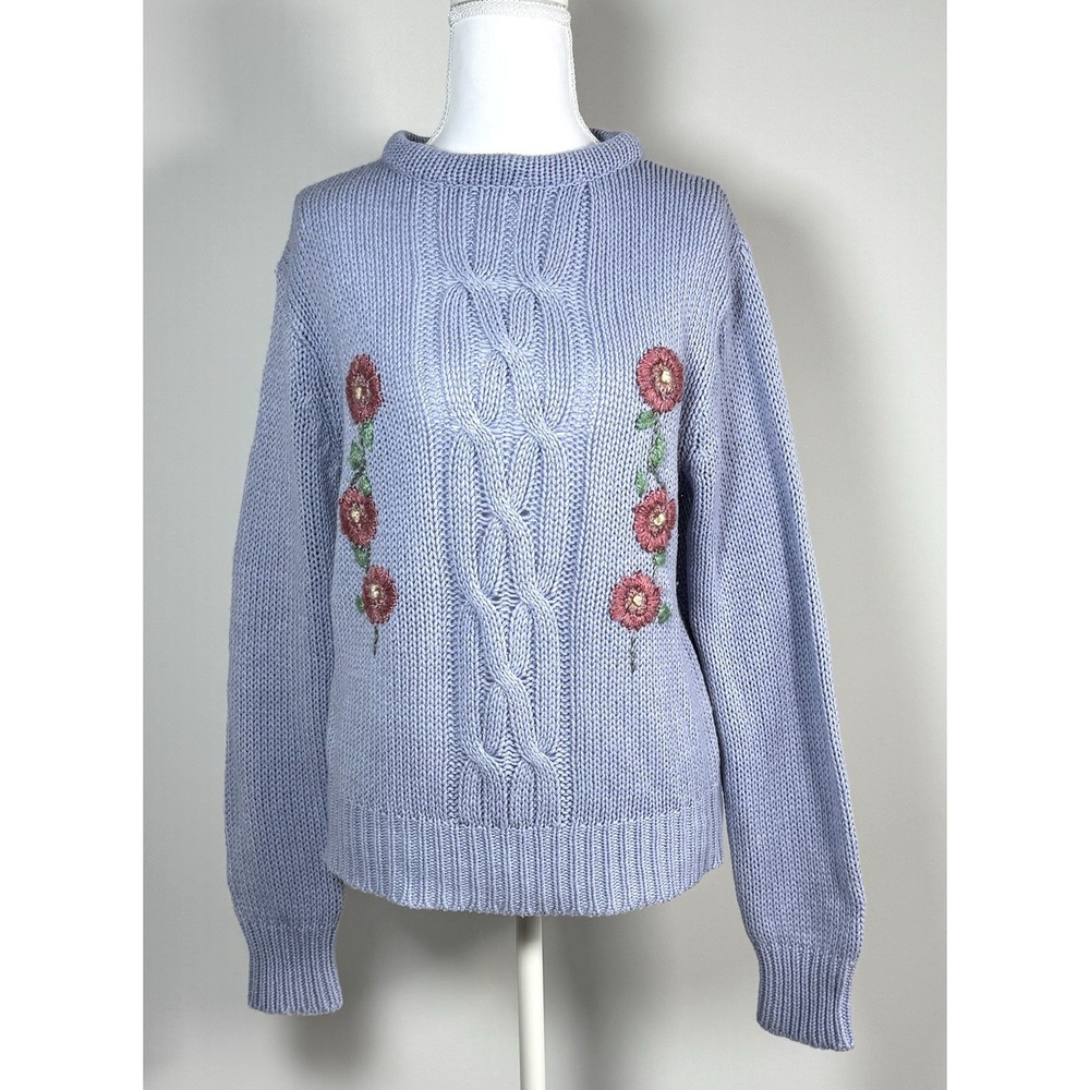 Vintage Purple Cable Knit Sweater Floral Embroidered Cottagecore S/M  Grannycore